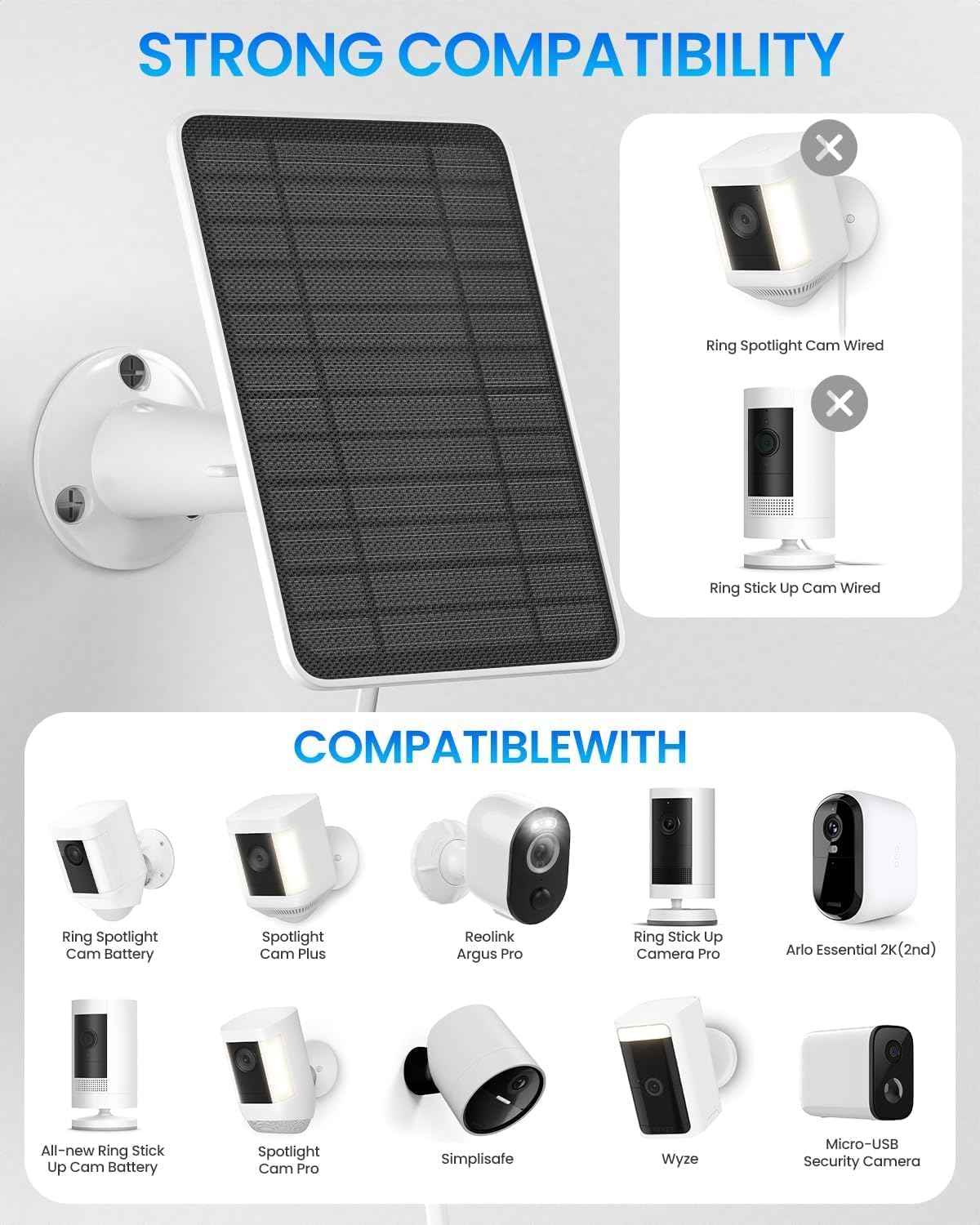 5W Solar Panel for Ring Camera, Solar Panel Charger Compatible with Ring Spotlight Plus/Pro Stick Up Outdoor Cam Battery, 10ft Cable with USB-C to Barrel Plug Adapter & Micro-USB Adapter, 2 Pack