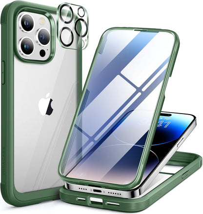 Miracase Glass Series for iPhone 14 Pro Case 6.1 Inch, Full-Body Clear Bumper Case with Built-in 9H Tempered Glass Screen Protector, with Camera Lens Protector, Acacia Green