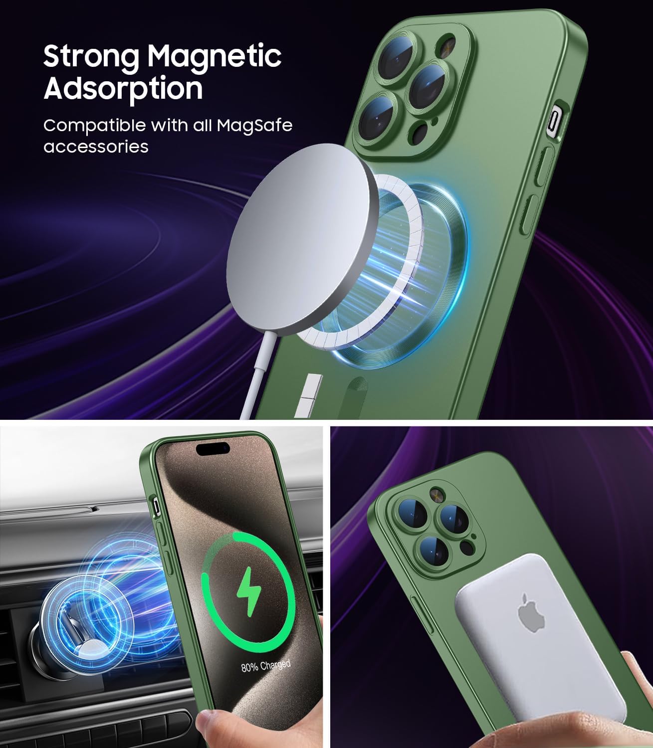 Magnetic for iPhone 15 Pro Case [Compatible with MagSafe][Built-in Camera Lens Protector] Slim Soft Silicone Bumper Shockproof Metallic Shine Phone Case (Green)