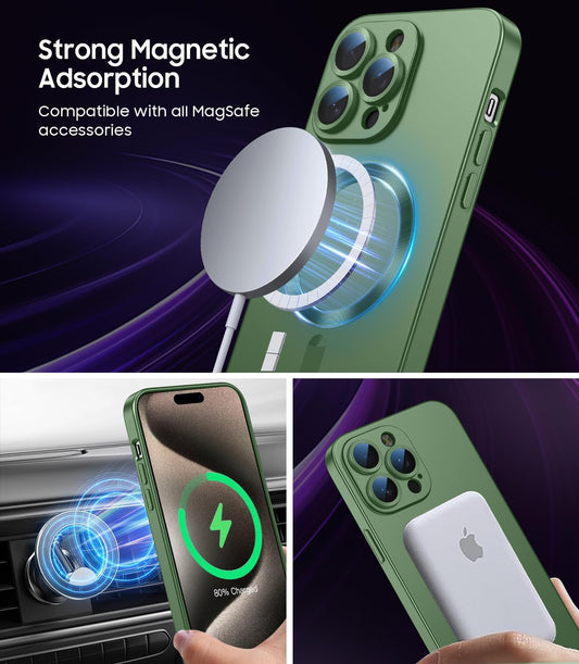 Magnetic for iPhone 15 Pro Max Case [Compatible with MagSafe][Built-in Camera Lens Protector] Slim Soft Silicone Bumper Shockproof Metallic Luster Phone Case (Green)
