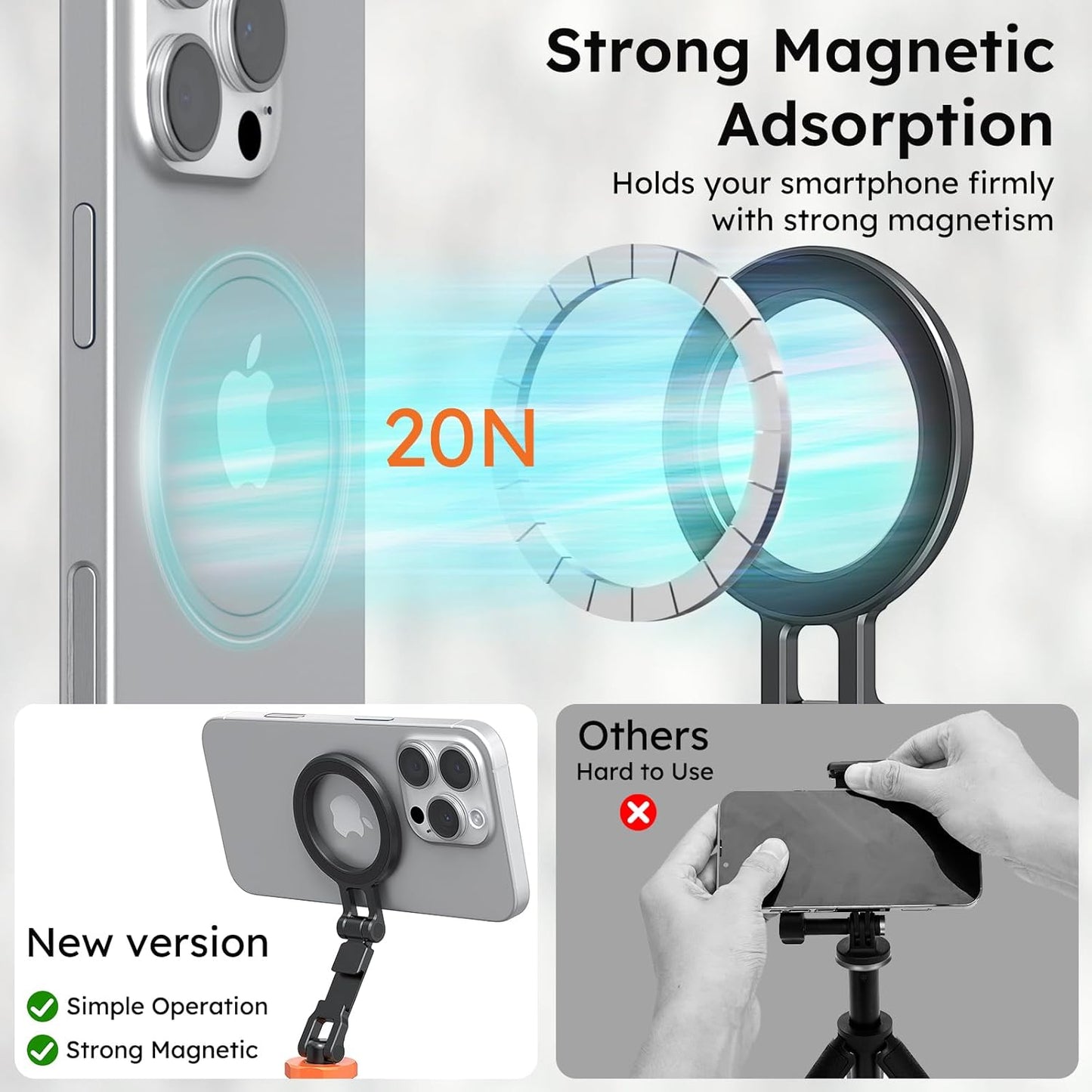 VRIG MG-28 Magnetic Phone Tripod Mount,1/4" Thread Cold Shoe 360° Rotation,for iPhone16 15 14 13 12 Pro All Series,Magnetic Ring Magsafe iPhone Tripod Mount Adapter