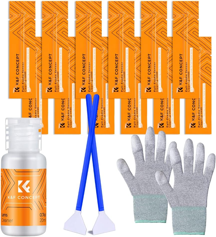 K&F Concept Full Frame Sensor Cleaning Kit - 16pcs Sensor Cleaning Swabs, 20ml Sensor Cleaner & Gloves, Cameras Lens Cleaning Kit Compatible with Sony Nikon Canon FF CCD CMOS Sensors