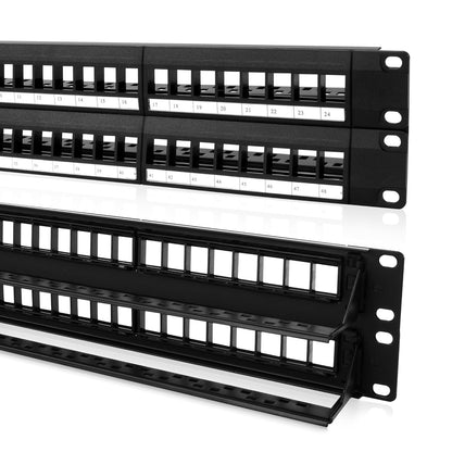 NewYork Cables® Blank Keystone 48 Port Cat6 Patch Panel - 10Gb Ethernet 2U Horizontal Rack Mount, Color-Coded T568A/B Labels, Network for Data Centers, Server Rooms, Unloaded, Unshielded.