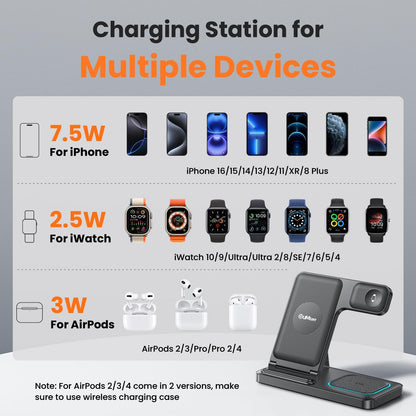 DUMTERR 3 in 1 Wireless Charger for iphone 16 15 14 13 12 11 XR 8, Apple Charging Station for Apple Watch 10/9/Ultra/8/7/SE/6/5/4 & AirPods Series, Wireless Charging Station for Multiple Devices Apple