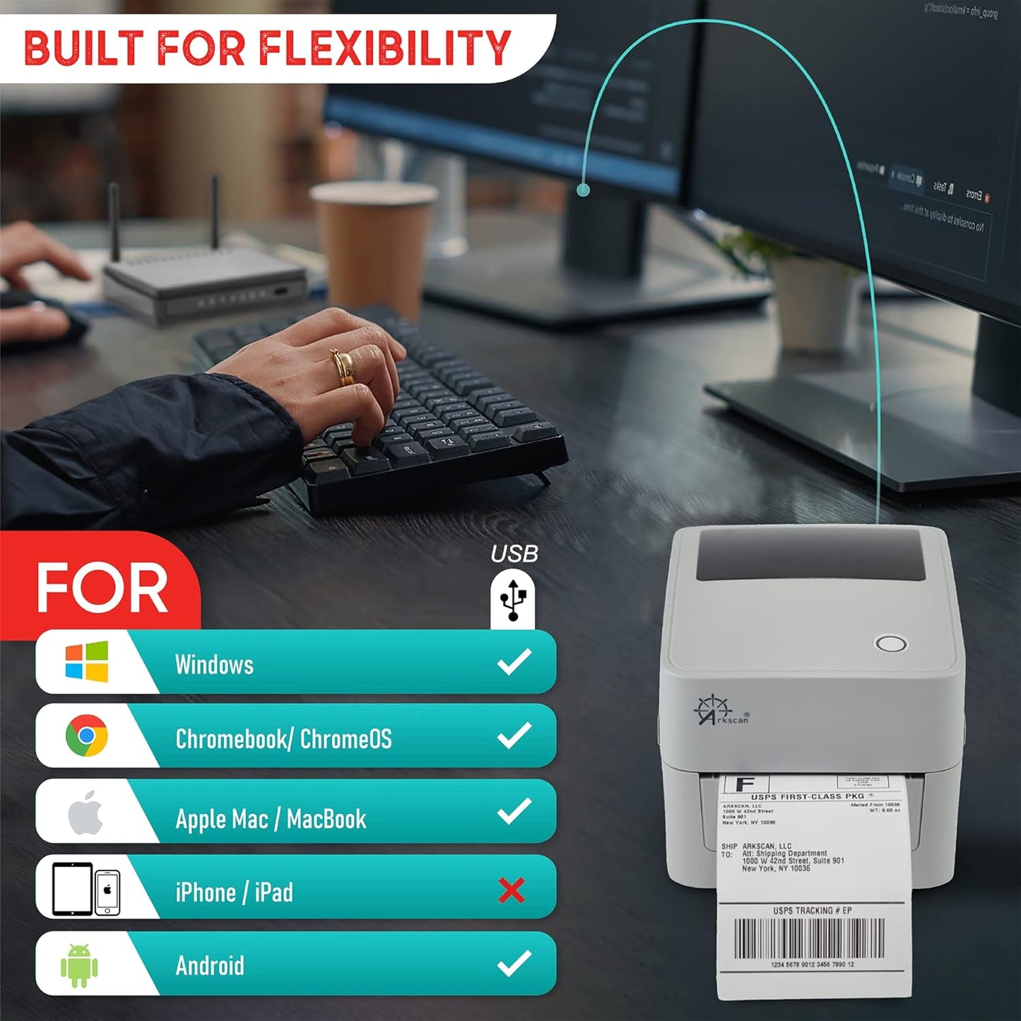 Arkscan 2054K-USB Upgraded 2054A Shipping Label Printer for Windows Mac Chromebook, Support Amazon Ebay Paypal Etsy Shopify ShipStation UPS USPS FedEx, fit Roll & Fanfold 4x6 Direct Thermal