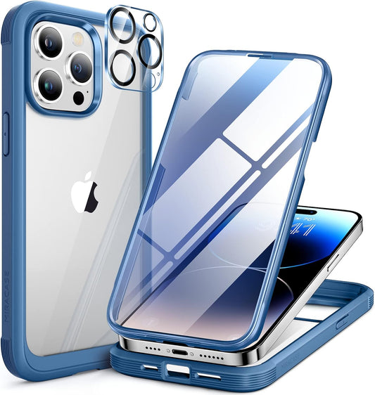 Miracase Glass Series Designed for iPhone 14 Pro Max Case 6.7 Inch, Upgrade Full-Body Bumper Case with Built-in 9H Tempered Glass Screen Protector, with Camera Lens Protector, Capri Blue