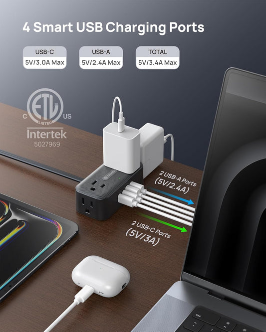 TROND 360° Rotating Flat Plug Power Strip, 3FT Extension Cord with 4 USB Ports, 4 Wide Spaced AC Outlets, Wall Mount, 900J Surge Protector for Office Travel Dorm Room Essentials, Black