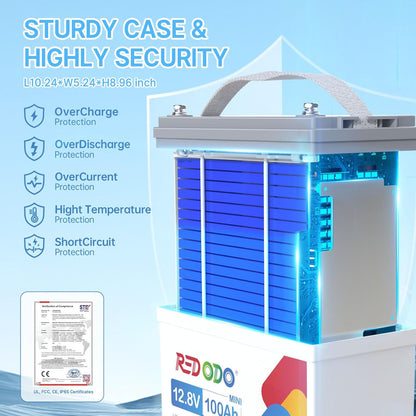 Redodo 12V 100Ah Mini LiFePO4 Battery, Smallest Lithium Battery with Upgraded 100A BMS, Max 1280Wh, Up to 15000 Deep Cycles Battery with 10 Years Lifetime for RV, Trolling Motor, Solar Home, Camping