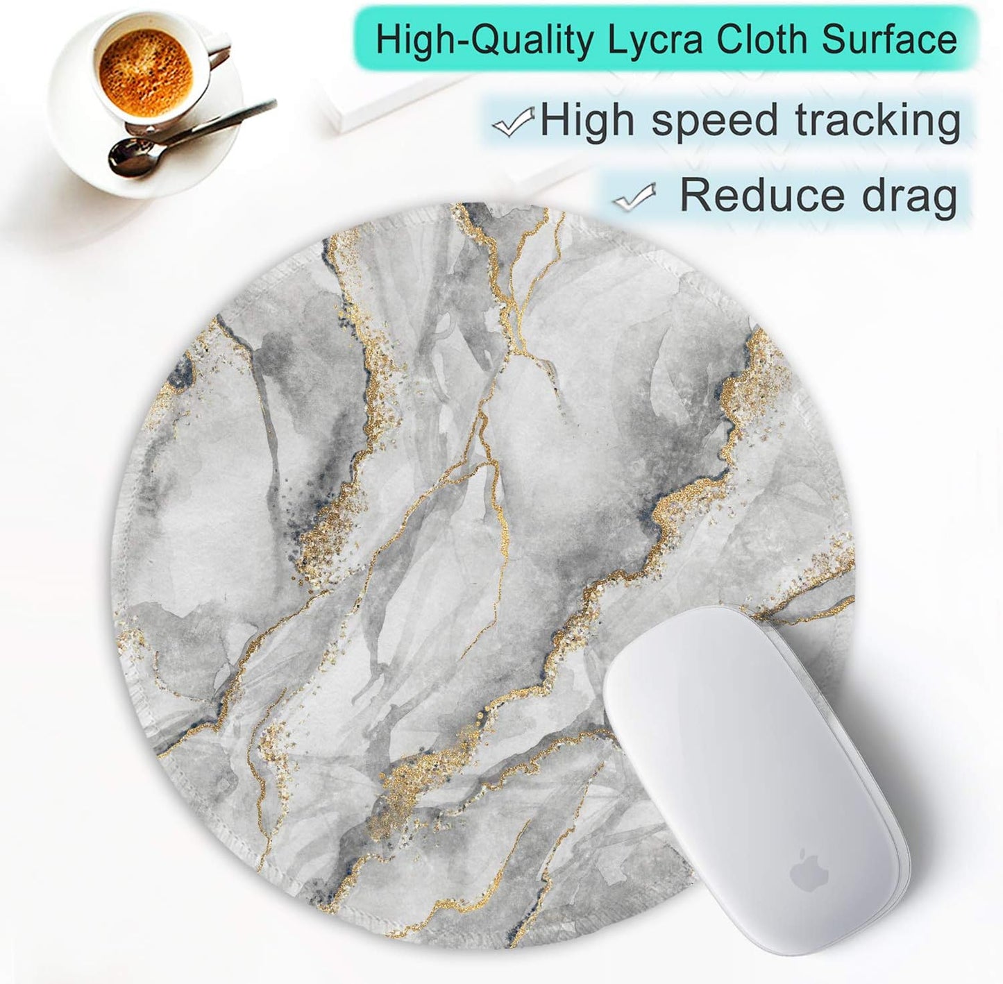 ITNRSIIET Round Mouse Pad with Stitched Edge Premium-Textured Waterproof Non-Slip Rubber Base Desktop Protection Mat Diameter 8.7 inches, Gray Marbling