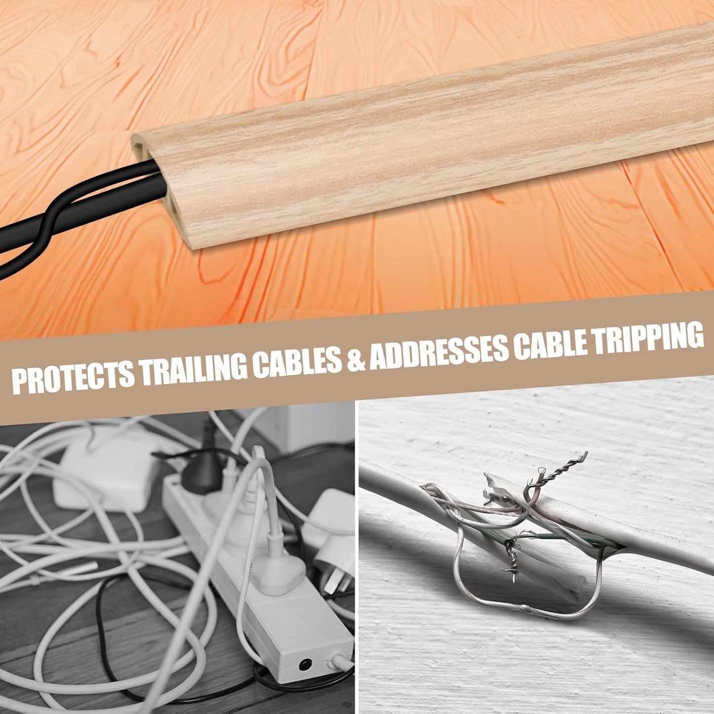 Floor Cord Cover Cavity 0.8"x0.37" Self Adhesive Cord Hider, 3.3FT Low Profile Cable Management, Extension Strip Protector for Wires, Prevent Cable Trips for Offices, Gyms (Wood Light Yellow)