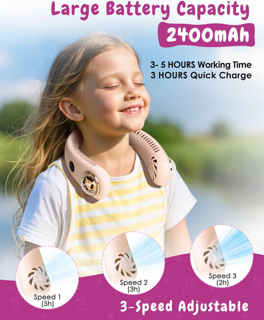 Neck Fan for Kids,Bladeless Portable Fan Rechargeable for 4-14Y Girls & Boys, 2400mAh USB Personal Cooling Mini Fan Rechargeable for Travel/Disney/Camping, 3 Speeds, Summer Essentials(Beige)
