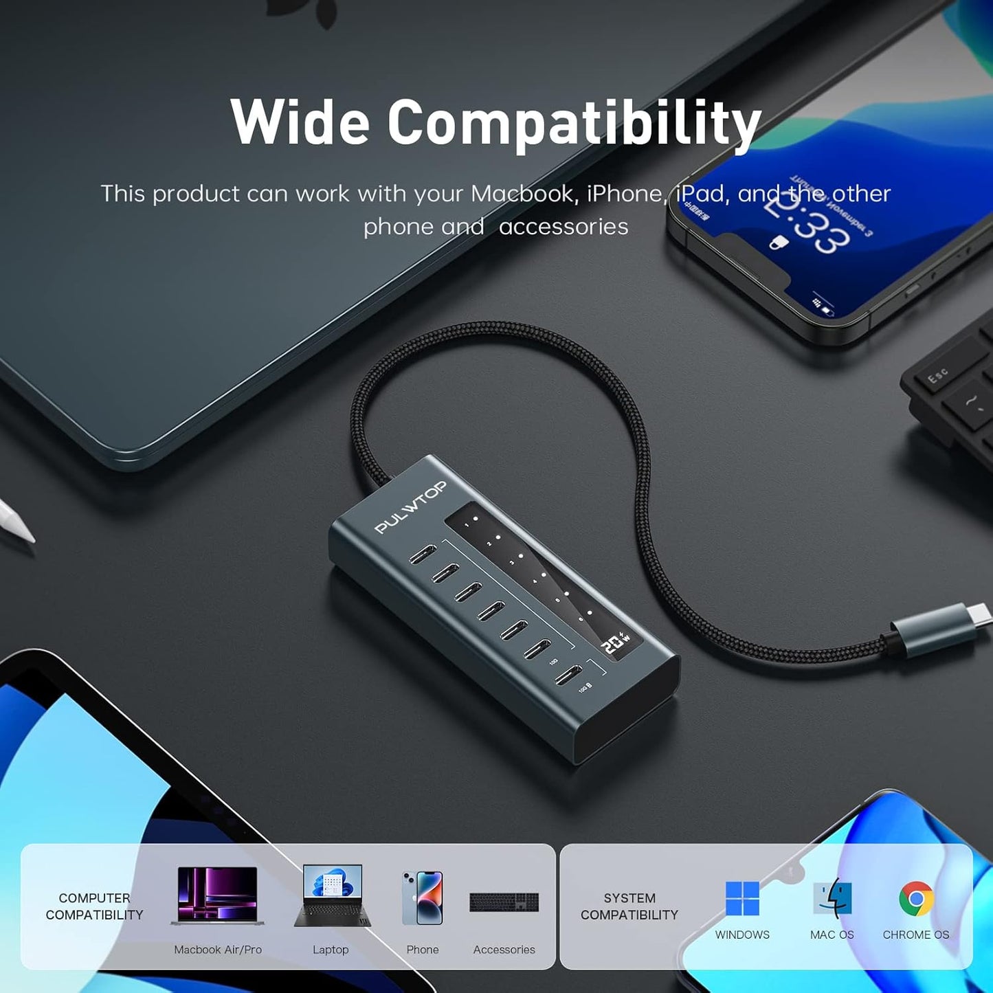 USB C Hub for Laptop, 7 in 1 10Gbps USB Adapter Support Data & Charging(Not Support Video), USB Hub 10Gbps Ports for iMac, MacBook Pro/Air, iPad, XPS, USB Hub Multiport Adapter