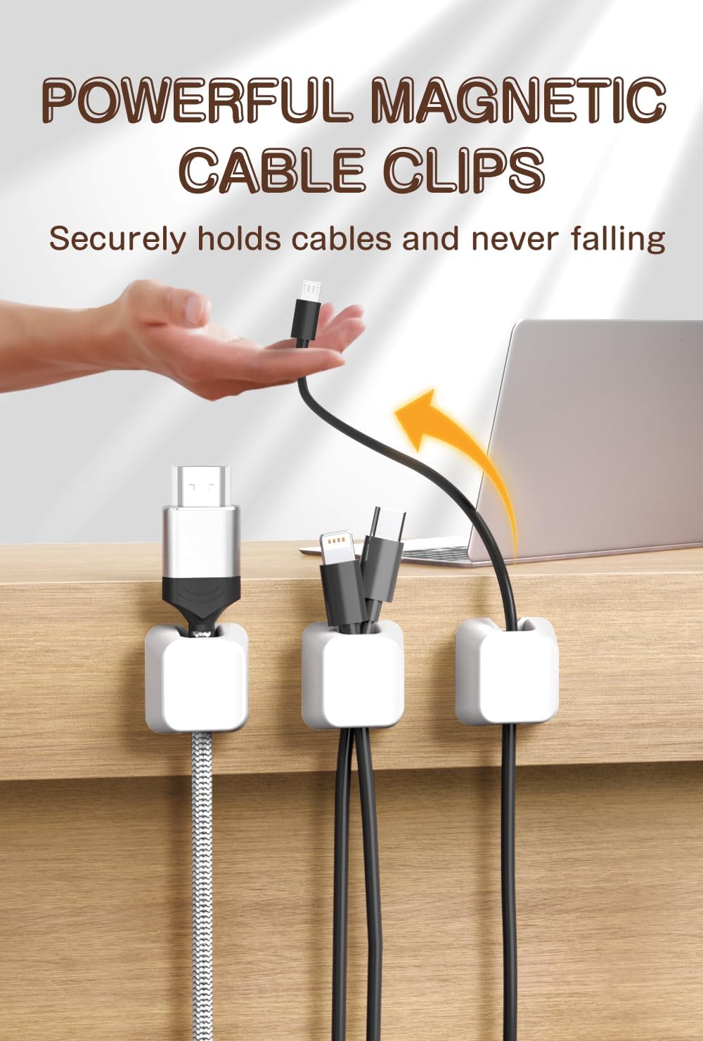 Maveek Magnetic Cable Clips, 5 Pack Square Cord Organizer with Magnets and Metal Plates, Silicone Cable Holders for USB C, HDMI, Ethernet, Charging Cords – Desk, Wall, Office & Car Use (White)