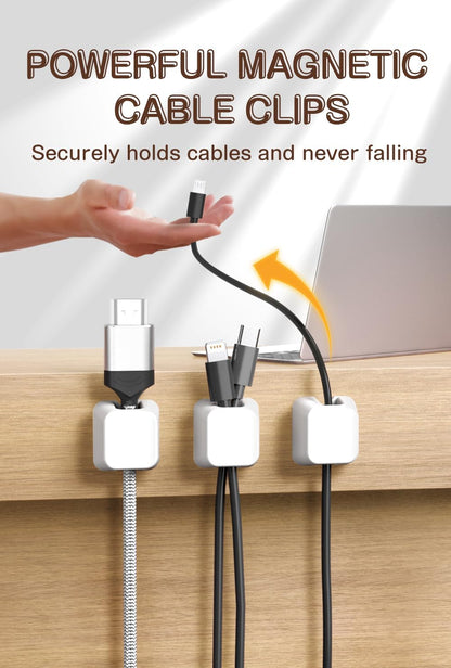Maveek Magnetic Cable Clips, 5 Pack Square Cord Organizer with Magnets and Metal Plates, Silicone Cable Holders for USB C, HDMI, Ethernet, Charging Cords – Desk, Wall, Office & Car Use (White)