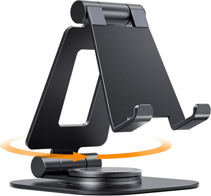Nulaxy 360 Rotating Cell Phone Stand, Fully Adjustable Foldable Desktop Phone Holder Cradle Dock, Thick Case Friendly, Compatible with All Phones, Nintendo Switch, Black