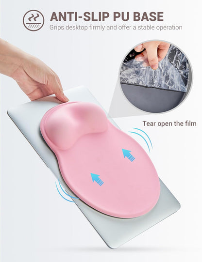 Ergonomic Mouse Pad with Wrist Rest, Large Mousepad(10.6'' x 9''), Office Wrist Support Mouse Mat with Non-Slip Base, Pain Relief for Laptop & Computer（Pink）