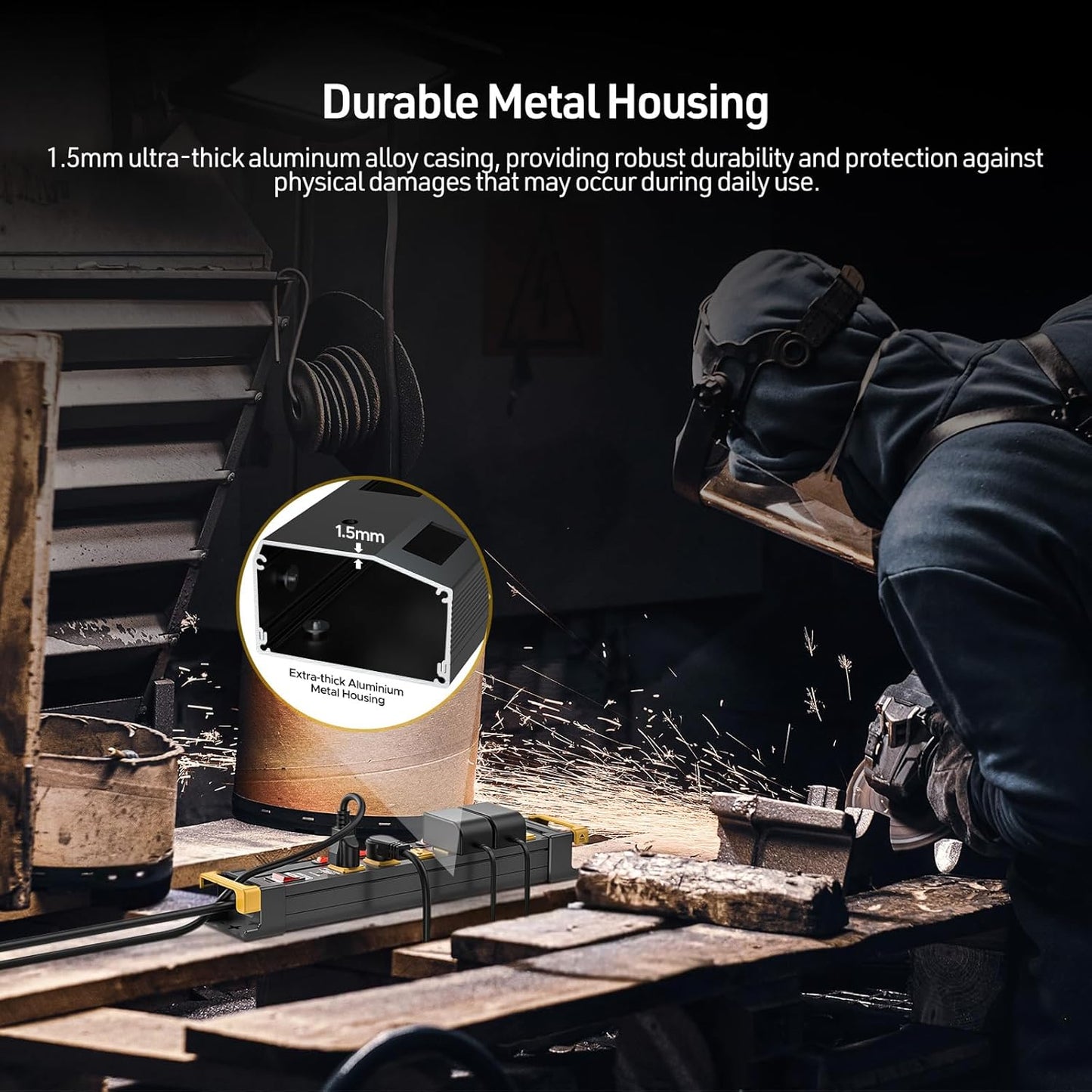 CRST 6 Outlets Wide Spaced Power Strip, Metal Wall Mount Surge Protector Power Strip with Individual Switches and Cord Manager for Garage, Shop, Office, Home. 1020Joules, 15Amp/1875W, 6 FT Cord