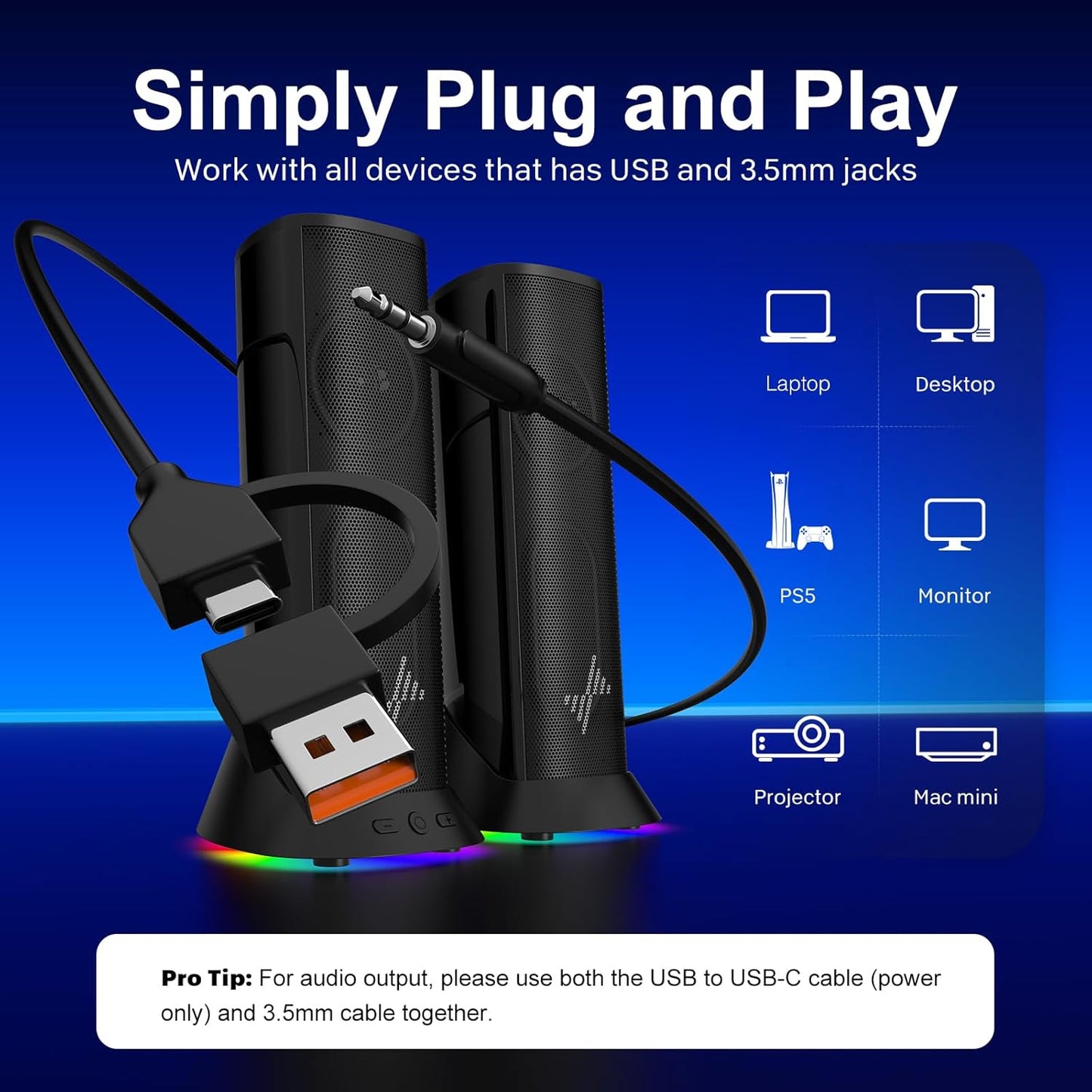 Nylavee Computer Speakers – Hi-Fi Stereo PC Speakers with 9 LED Lighting Modes, Enhanced Bass and Sound, USB/Type-C Powered and 3.5mm Audio Wired Desktop Speakers for PC, Laptop, Monitor, PS5, Xbox