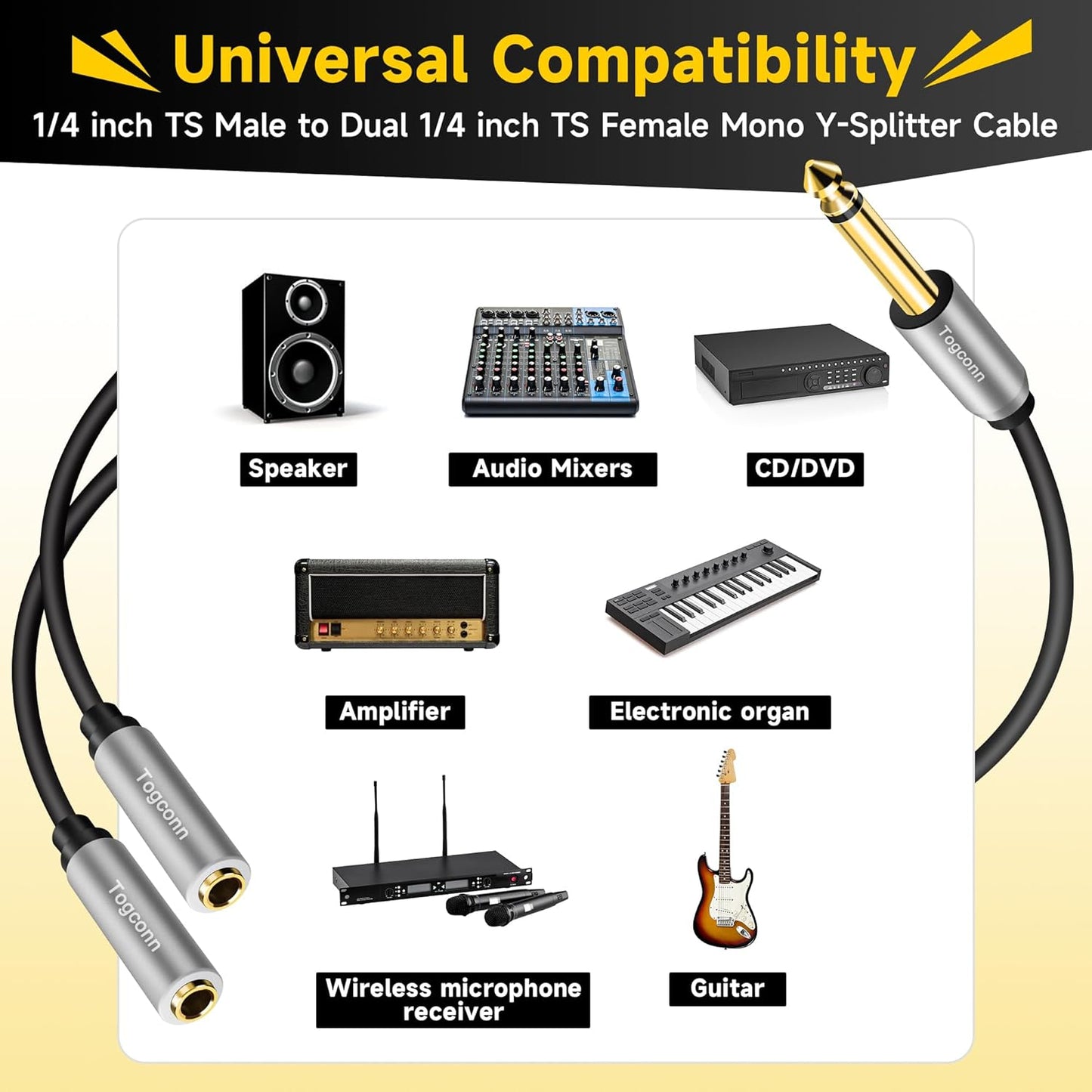1/4 inch TS Mono Splitter Y Adapter, 6.35mm Mono Male to Dual 6.35 mm TS Mono Female Jack, Quarter inch Audio Speaker Splitter Converter Cable 1 Feet, Gold Plated Connectors