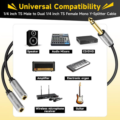 1/4 inch TS Mono Splitter Y Adapter, 6.35mm Mono Male to Dual 6.35 mm TS Mono Female Jack, Quarter inch Audio Speaker Splitter Converter Cable 1 Feet, Gold Plated Connectors