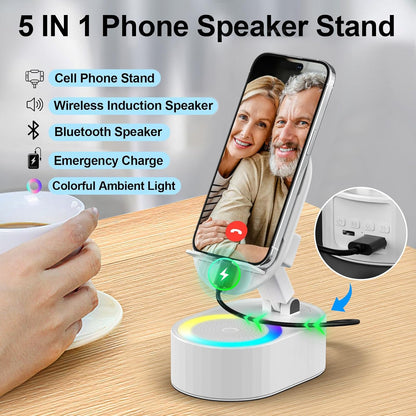 Wireless Induction Audio Bluetooth Speaker 5in1 Phone Holder Emergency Rechargeable (3000mAh) with Colorful Ambient Light 300° Foldable for Tablet iPhone Android, Gifts for Men Women (White)