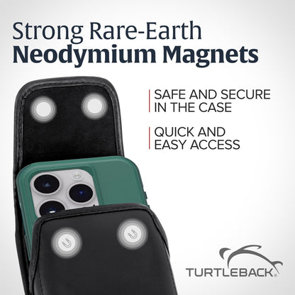 Turtleback Belt Clip for iPhone 16 Pro Max, 15 Pro Max, 14 Pro Max -Medium- Fits w/Shockproof Commuter Style Cases, Premium Black Leather Vertical Belt Holder, Magnetic Closure HD Rotating Clip