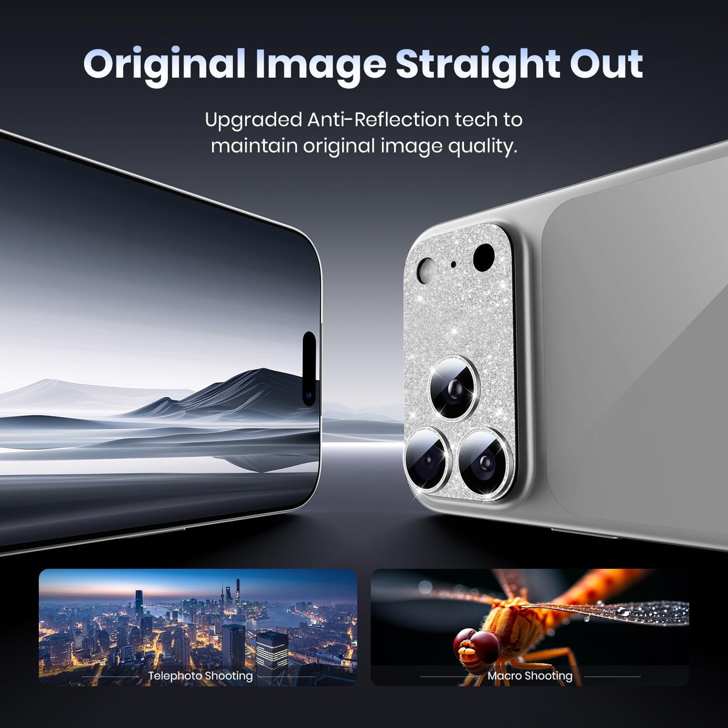 Hoerrye for iPhone 17 Pro Camera Lens Protector - [12FT Shatterproof Military Grade] [Strong Adsorption] Metal Top 9H+ Tempered Glass Camera Screen Full Cover Case Friendly,Glitter Silver