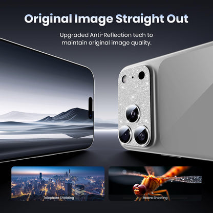 Hoerrye for iPhone 17 Pro Camera Lens Protector - [12FT Shatterproof Military Grade] [Strong Adsorption] Metal Top 9H+ Tempered Glass Camera Screen Full Cover Case Friendly,Glitter Silver