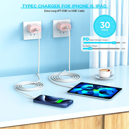 [3Pack] 20W USB C Fast Charger iPhone 16 Fast Charging, Apple 15 Charger Block 6ft C to C Long Charging Cable Cord for iPhone 16/16e/16 Pro/16 Pro Max/iPhone 15 Series/iPad Air/Mini(Pink+Blue+Purple)