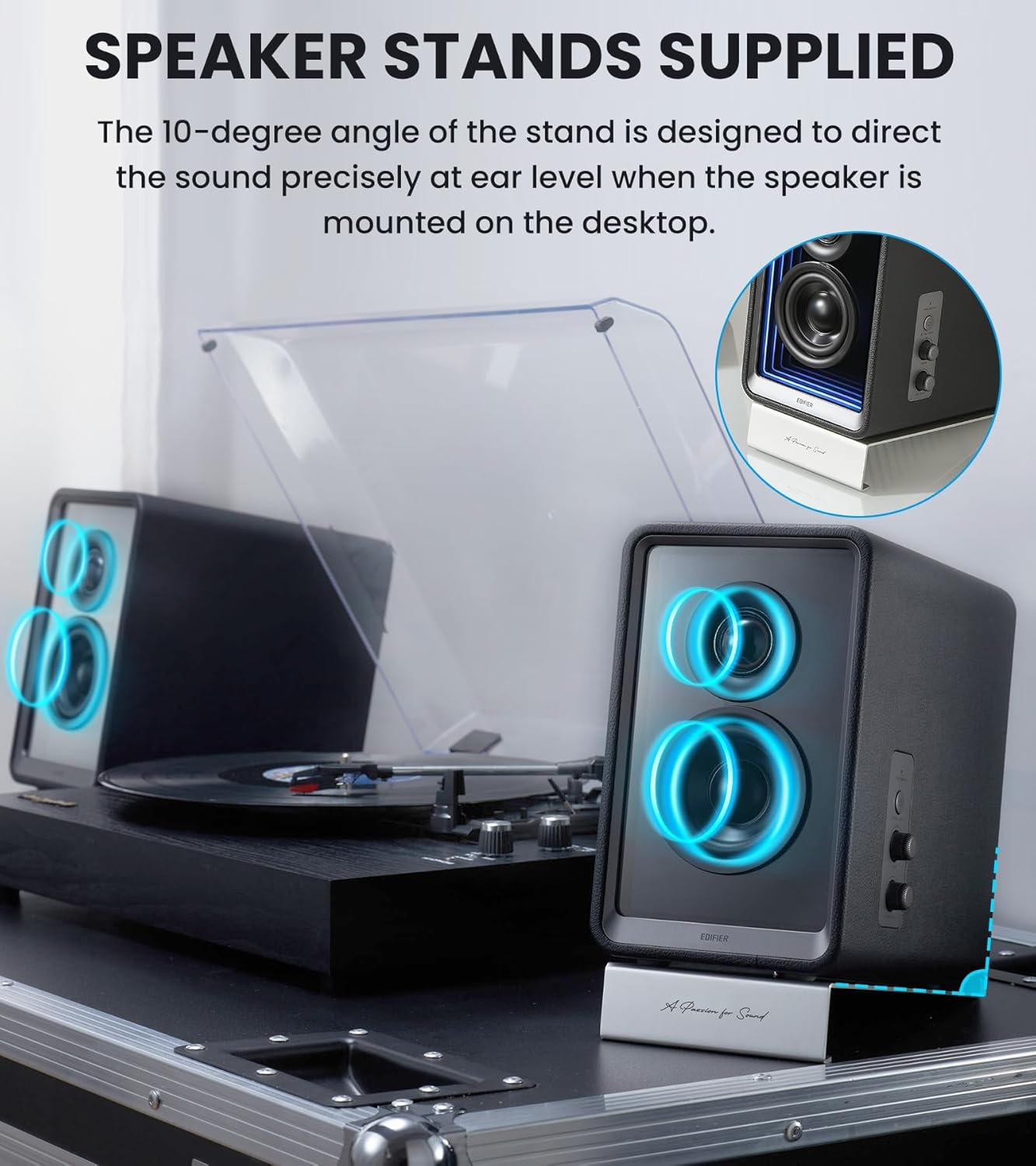 Edifier QR65 Desktop Active Monitor with 2.75" Long-Throw Aluminum Diaphragm mid-Low Drivers, Hi-Res Audio, Brilliant Light Effects, 70W Output Power Bluetooth Speakers with Stands - Black