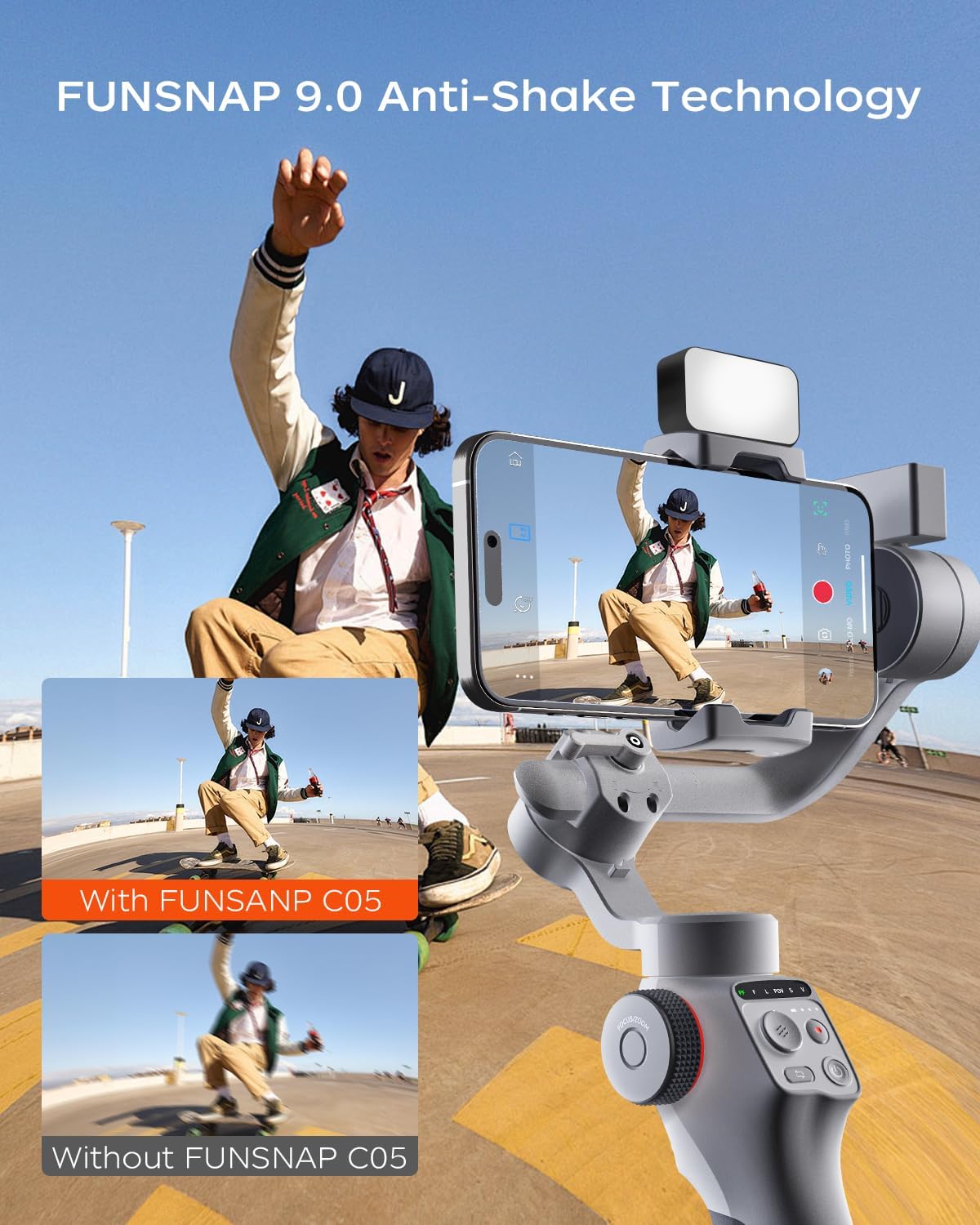FUNSNAP C05 Kit Gimbal Stabilizer for iPhone with Extendable Tripod AI Tracking Sensor and Fill Light