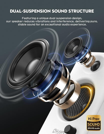 OHAYO 60W Computer Speakers for Gaming and Music, Active Bluetooth 5.3, Stereo 2.0 Speakers for Desktop PC Monitor or Laptop, Surround Sound Speaker, 3.5 mm Aux RCA Input, USB-Powered, 1 Pair, White