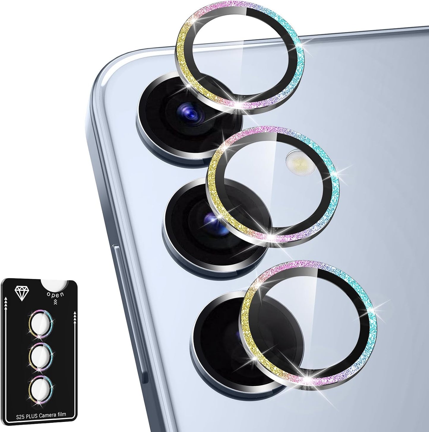 for Samsung Galaxy S25 Plus Camera Lens Protector, Individual Metal Ring Tempered Glass Lens Cover, [Strong Adsorption] Scratch Resistant Ultra-Thin HD Clear Lens Cover, 1 Set-Colorful Sparkly