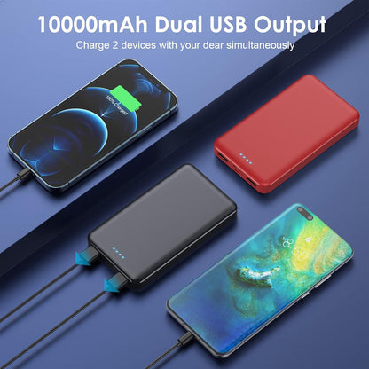 [2 Pack] Portable Charger Power Bank 10000mAh,Ultra Slim Compact External Battery Pack with USB C Input & Dual USB Outputs Backup Charger Compatible with iPhone 13,12, Samsung S20,Tablet-Black+Red