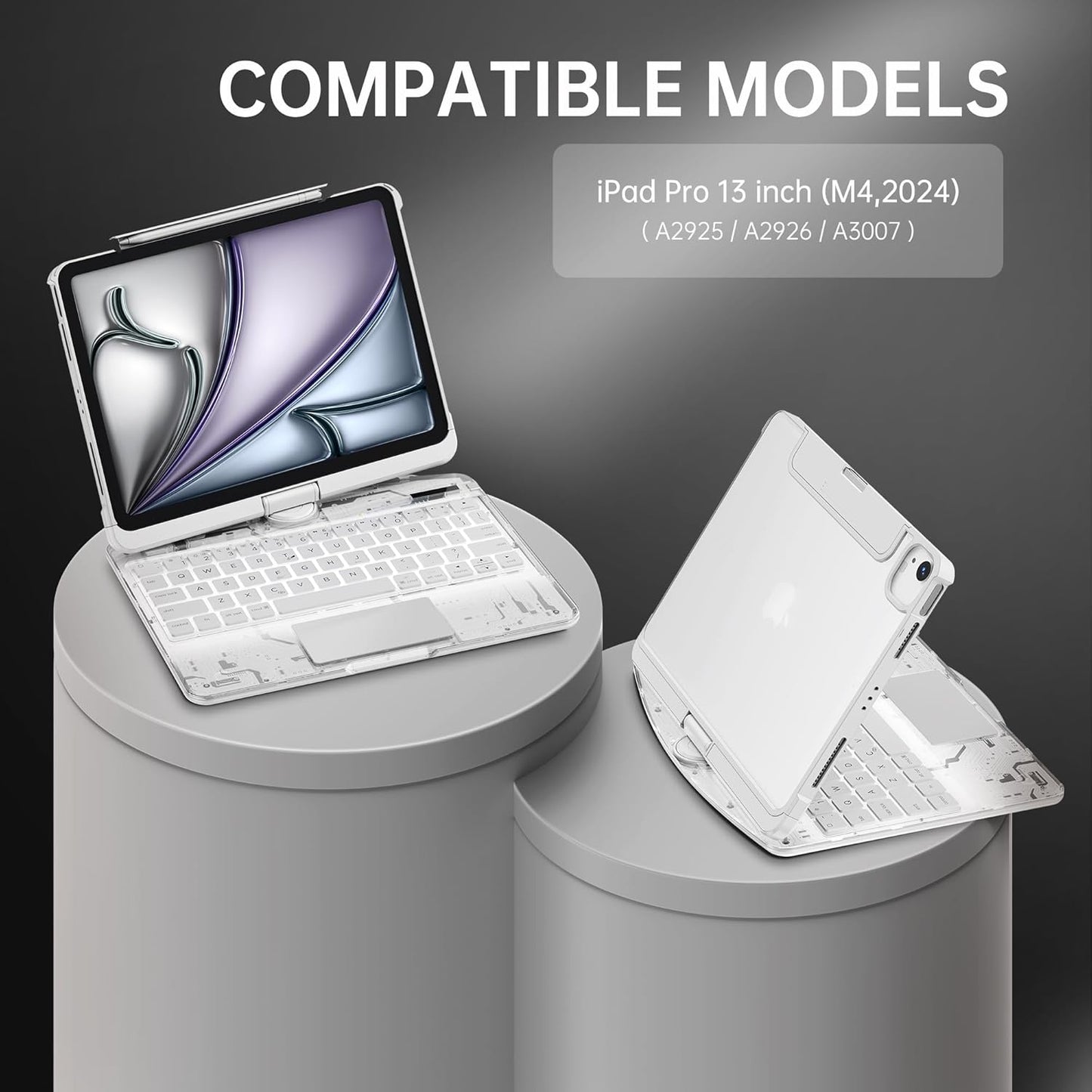 GUSGU Transparent Case with Wireless Keyboard only for 2024 iPad Pro 13-in.(M4), 7 Colors Backlight, Trackpad, 360°Rotating Stand for iPad Pro 13, Tech Style