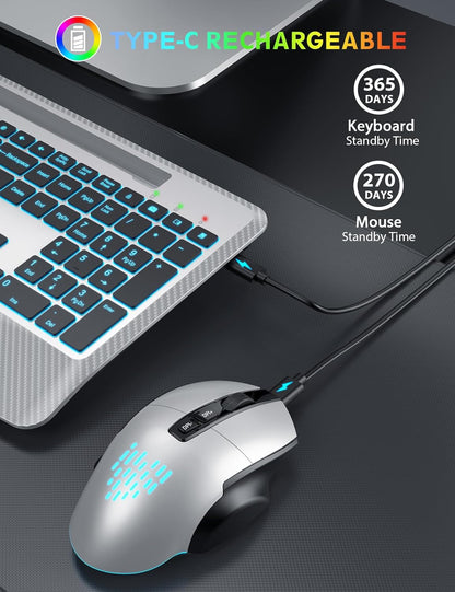 Wireless Keyboard and Mouse Backlits, Wrist Rest, LED Mouse, Rechargeable Ergonomic Keyboard with Phone Holder, Silent Light Up Combo for Computer, Mac, PC, Laptop, Chromebook (Silver Black)