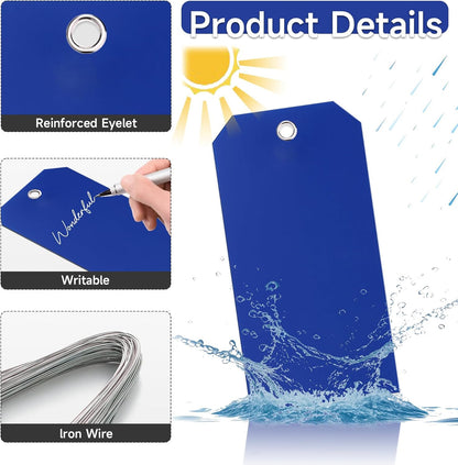 100 Pieces Plastic Shipping Tags with Wires Blank Labeling Tags Waterproof Hang Tags with Reinforcement Hole Durable Wire Tags Labels Stacking Tags for Equipment Parts (Dark Blue, 6 1/4" x 3 1/8")