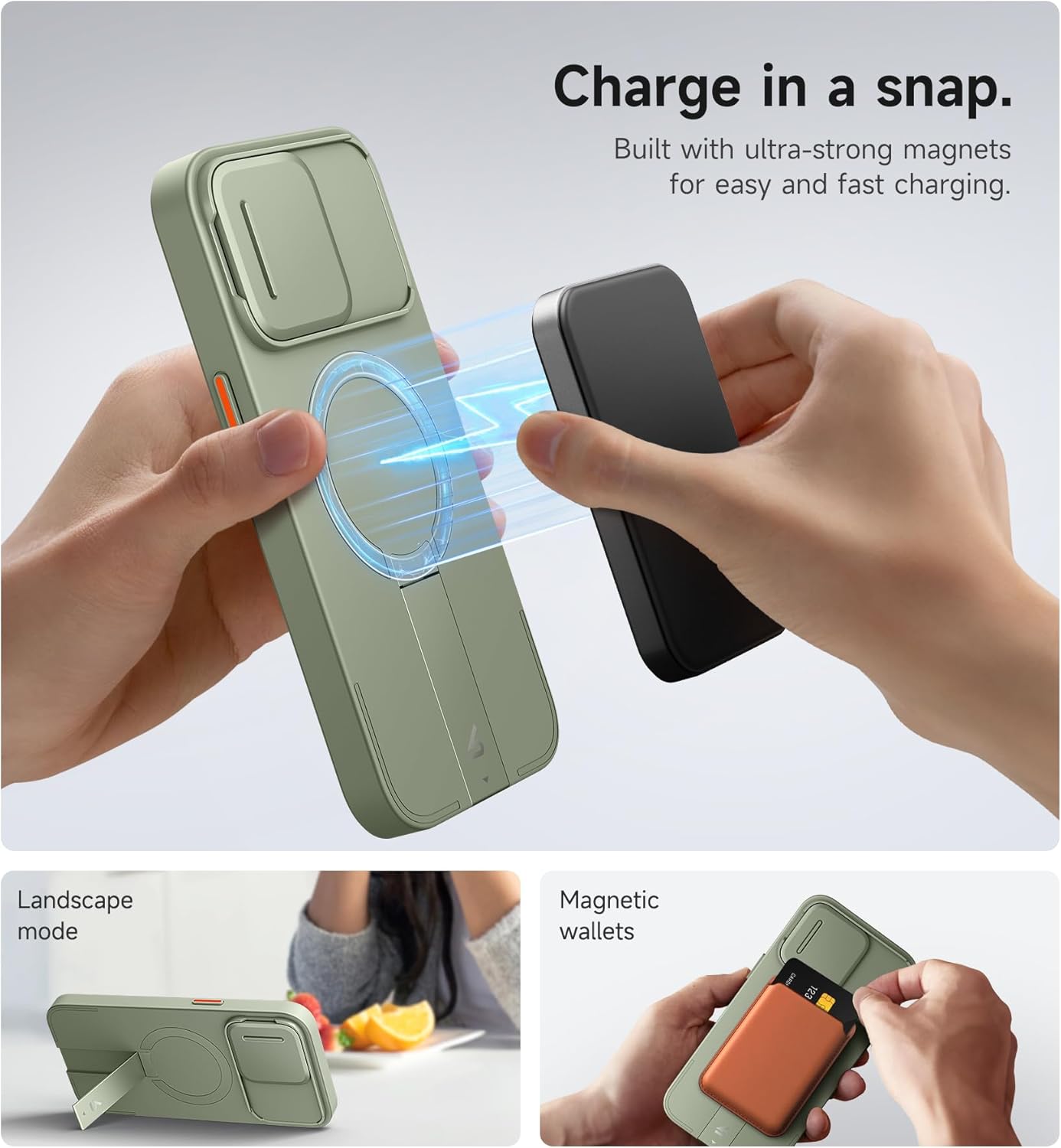 SURITCH for iPhone 15 Pro Max Case with Magnetic Camera Slide Cover and Adjustable Kickstand, Compatible with MagSafe, Shockproof Bumper Case Slim Protective Cover 6.7 Inch, Green