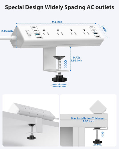 40W Fast Charging Station,Desk Clamp Power Strip 20W USB C,8 Outlets,8 USB Ports,4 USB C 4 USB A,Nightstand Edge Mount Surge Protector, 14AWG Cord, Fits 1.9" Tabletop Edge for Office,Home Furniture