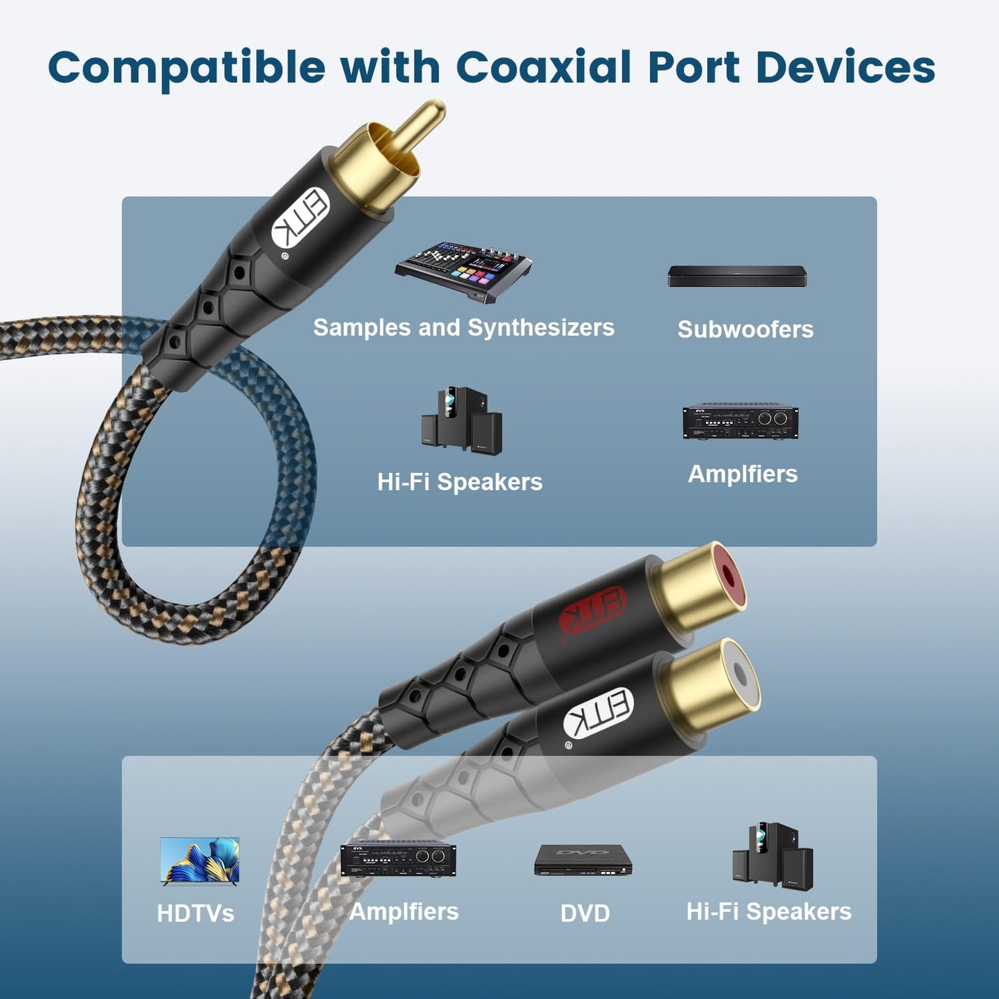 RCA Splitter Cable 1 Male to 2 Female Y Adapter with Copper Shell & 24K Gold-Plated Connector RCA Male to Dual RCA Female Extension Cord Black/1ft/0.3m