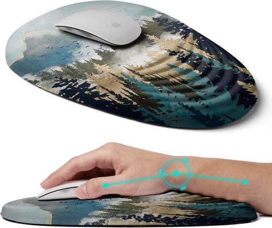 Ergonomic Mouse Pad with Wrist Rest Support, Memory Foam & PU, Forest Sunrise