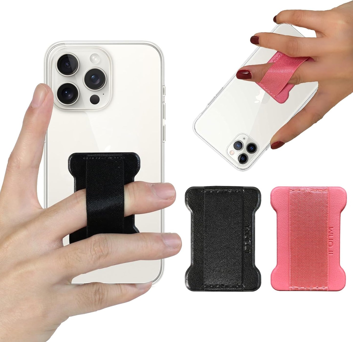 Universal Phone Grip for Smartphones - Phone Holder for Hand for Back of Phone - Wireless Charging Compatible (Black Pink) - 2Pack
