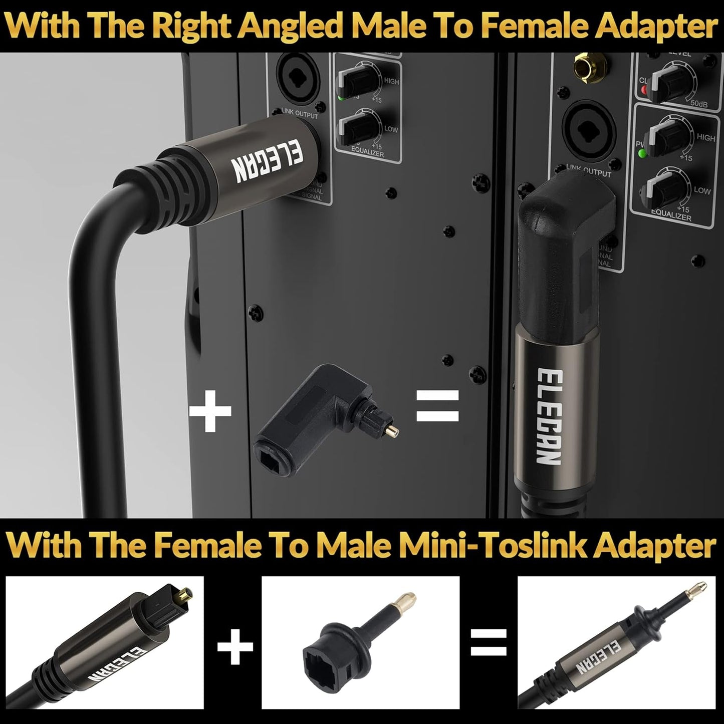 Elecan Optical Audio Cable 12 Ft/2 Pack Digital Audio Toslink Cable Cord-Fiber Optic-Gold Plated-Flexiable&Durable-for Home Theater,Sound Bar,PS4& Xbox-with Right Angled+Mini Toslink Adapters+Ties