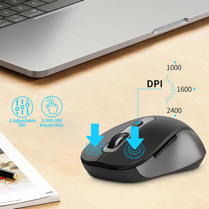 Wireless Mouse for Laptop, PC, Chromebook, Mac, MacBook, Silent Wireless Mouse with USB Nano Receiver, Side Button, 2400 DPI, Anti Slip Roller, 6 Button Ergonomics Cordless Computer Mice - Black Gray