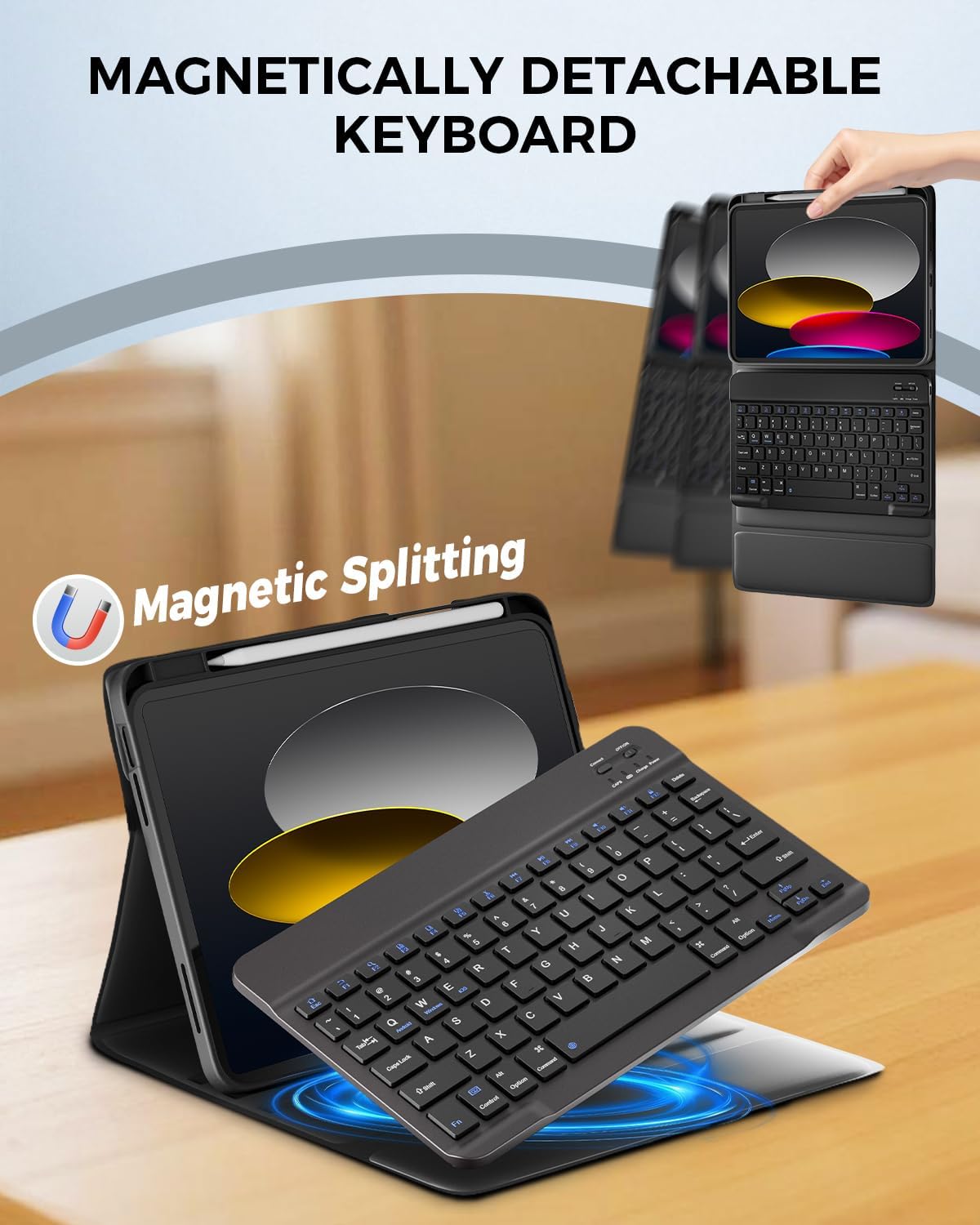 NOKBABO for iPad 11th 10th Generation Case with Keyboard, Magnetic Wireless Detachable Folio case with Pencil Holder, Keyboard for iPad 11th(A16,2025) & ipad 10th Generation(2022) - Black