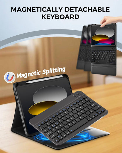 NOKBABO for iPad 11th 10th Generation Case with Keyboard, Magnetic Wireless Detachable Folio case with Pencil Holder, Keyboard for iPad 11th(A16,2025) & ipad 10th Generation(2022) - Black