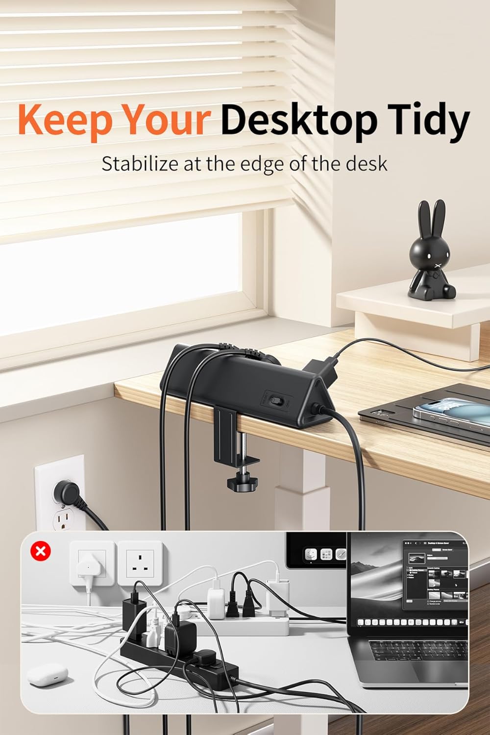 6.5 FT Desk Clamp Power Strip with 5 AC Outlets & 6 USB Ports PD 40W USB-C Fast Charging, 1250J Surge Protector, Fits 2.6 in top Edge Black