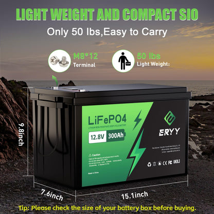 12V 300Ah LiFePO4 Battery, 12V Lithium Battery with 200A BMS, 3840Wh Energy, Deep Cycle Battery, Lithium Iron Phosphate Battery for Trolling Motor, Solar, RV, Camping, Van, Marine