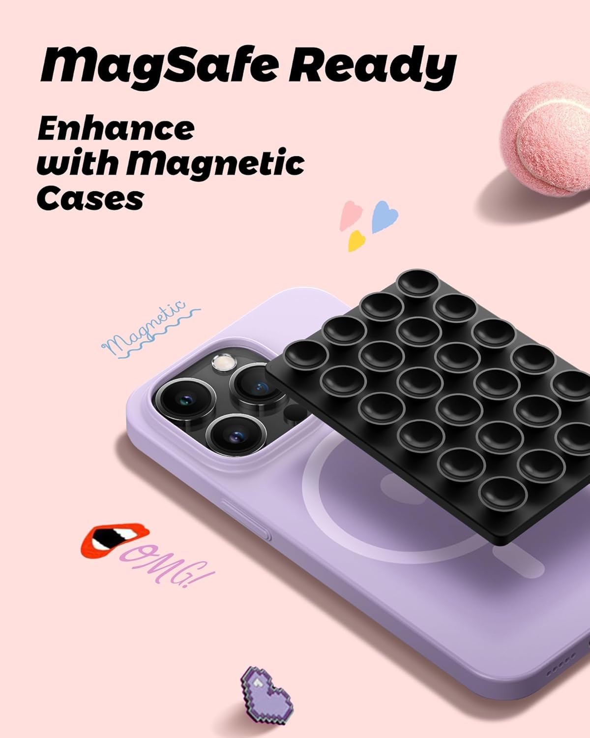 amBand Magnetic Sticky Phone Suction Grip for MagSafe, Removable for Wireless Charging, Durable Magnet Silicone Portable Mount Stand for iPhone 12/13/14/15/16 Series, Hands-Free Video/Selfie, Black