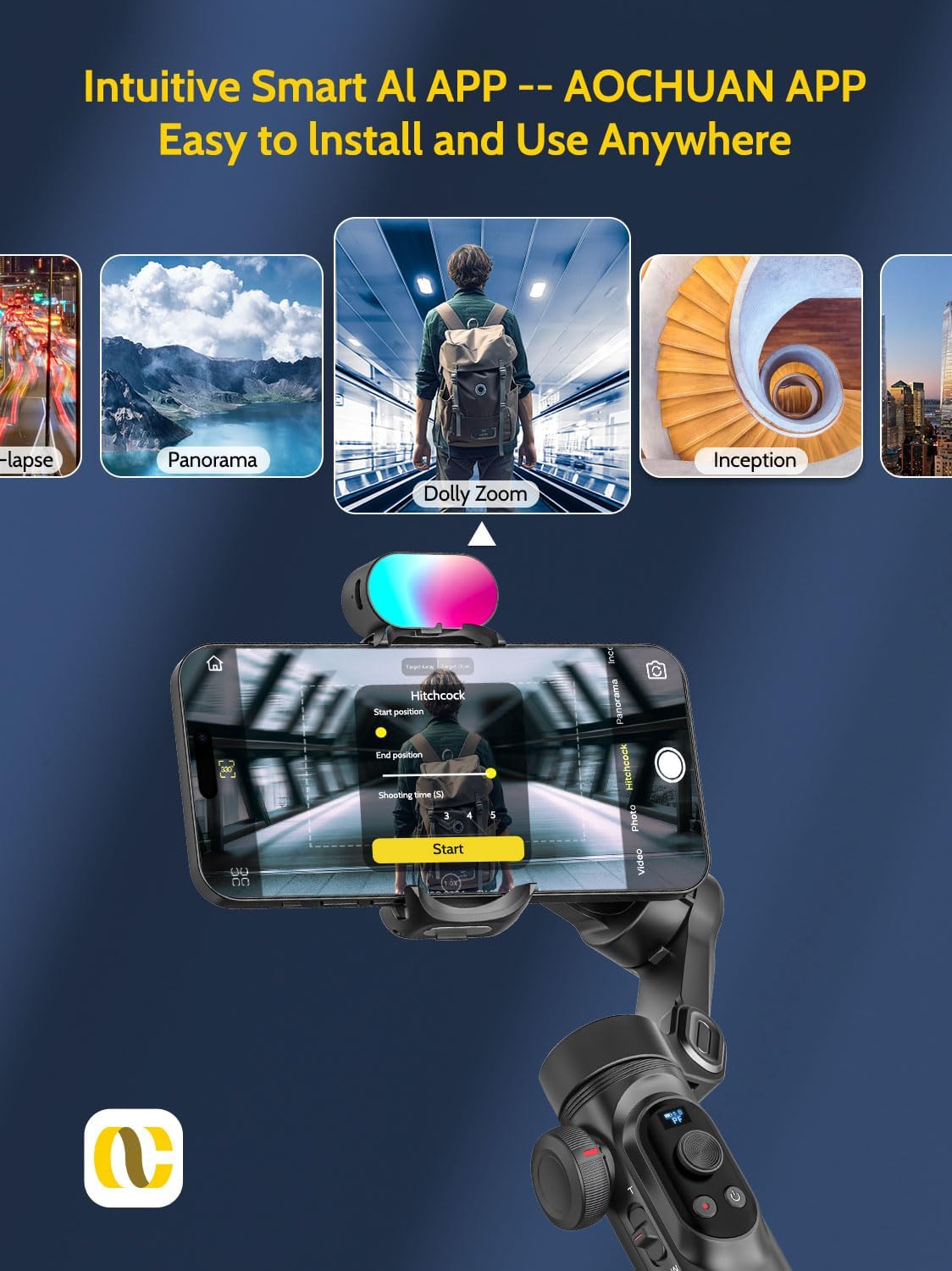 Professional Gimbal Stabilizer for Smartphone,RGB Magnetic Refill Light,OLED Display LED Light,face Tracking,Gesture Control,Professional 3-axis stabilizer for Android &iPhone, AOCHUAN XPRO KIT Black